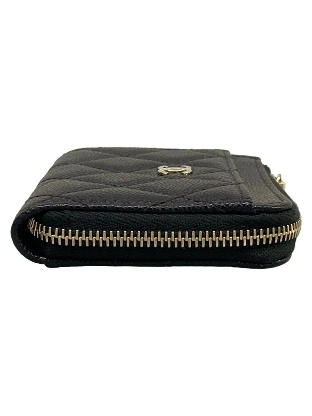 Chanel Coin Case Quilted Black L-shaped Zipper Champagne Gold